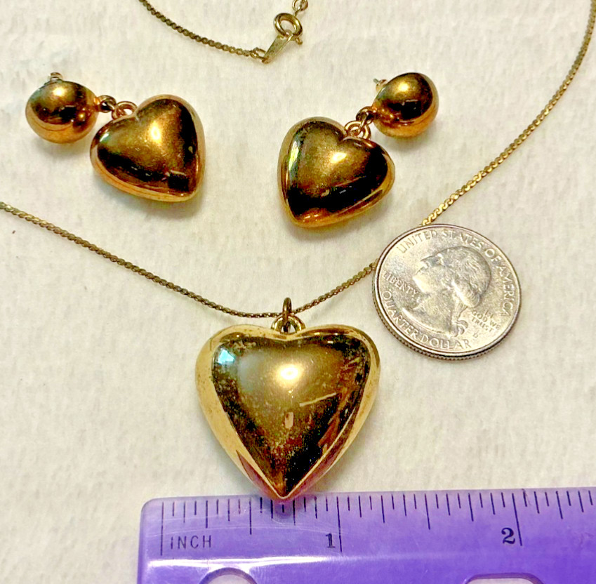 Vintage Gold Tone Puff Heart Earrings and Pendant with Chain