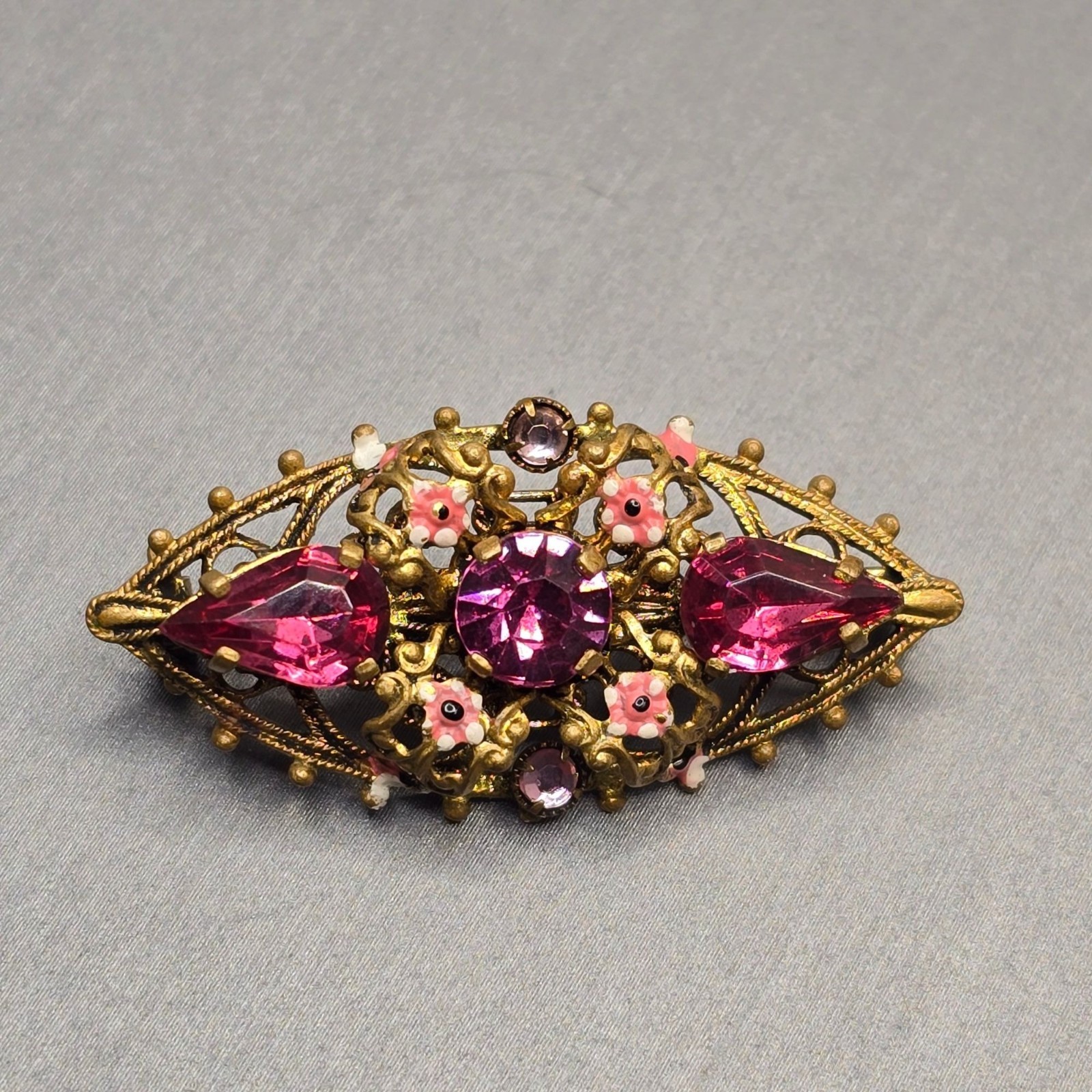 VTG Czecho Pink Rhinestone Brooch 1.5″ Floral Enamel Gold Tone Pressed Metal