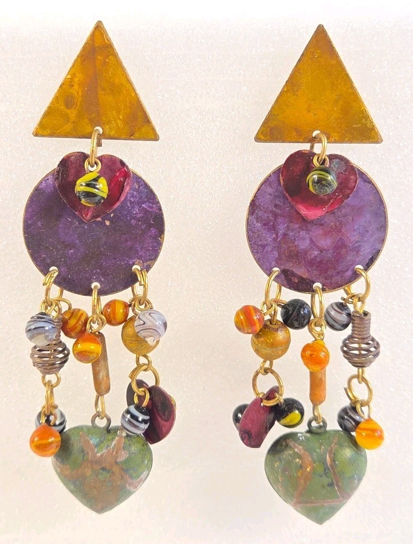 Vintage Boho Rustic Dangle Drop Post Earrings Mixed Metal Geometric Design – 4in