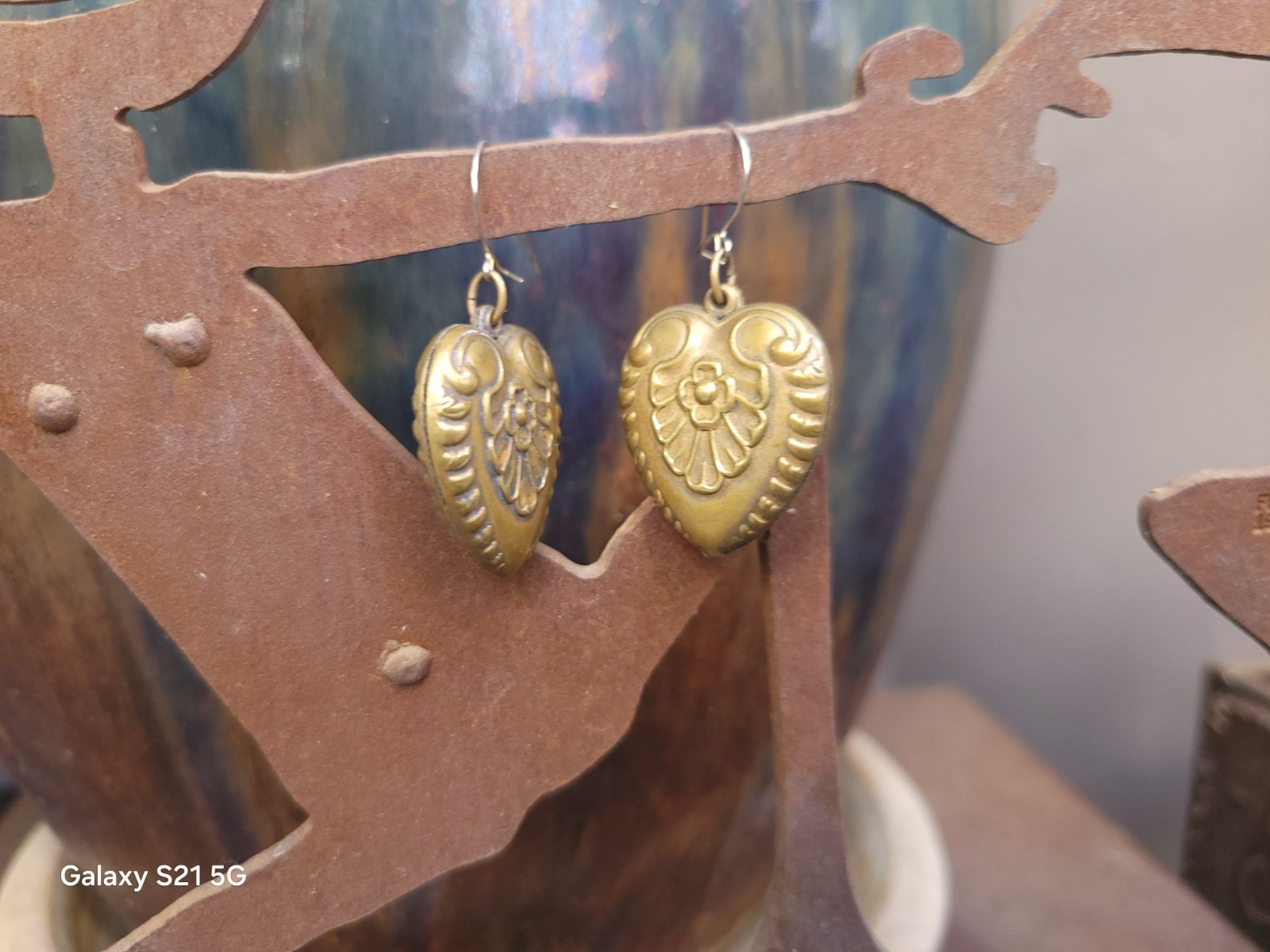 Vtg Pididdly Links Dangle Earrings Brass Puffed Hearts Nouveau Victorian Ornate