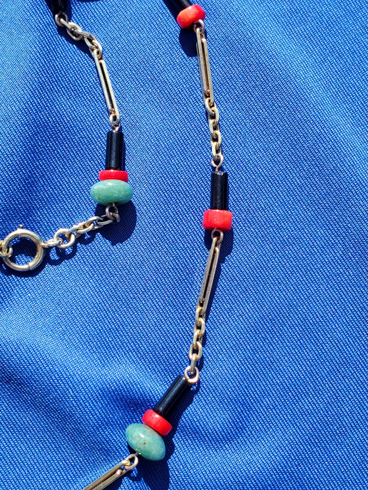 ORIGINAL Antique Deco Diamond Necklace Victorian Jade Onyx Coral Chain 14K GOLD