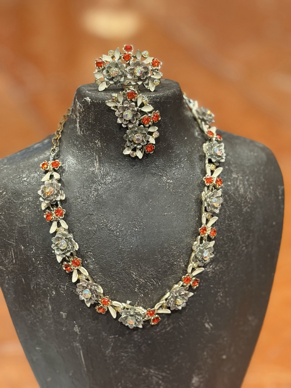 BSK MCM FLORAL ENAMEL RHINESTONE NECKLACE BRACELET CLIP EARRINGS PARURE SET LOT