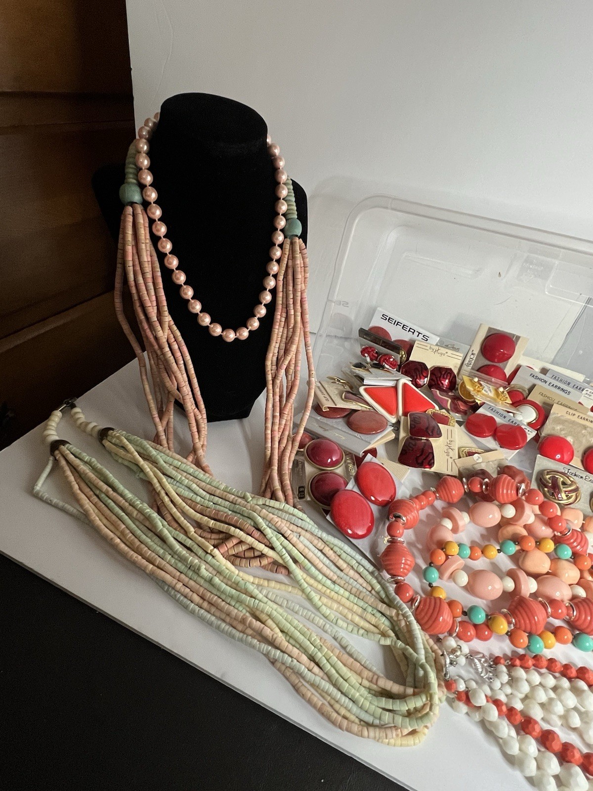 Vintage Lot Of 8 Necklaces And 30 Pairs Of Clip-On Earrings Reds Orange Peach