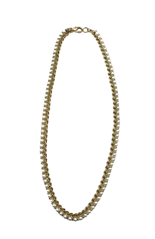Vintage Gold Tone Faux Pearl Necklace Curb Linked Wire Wrapped 17” Costume GUC