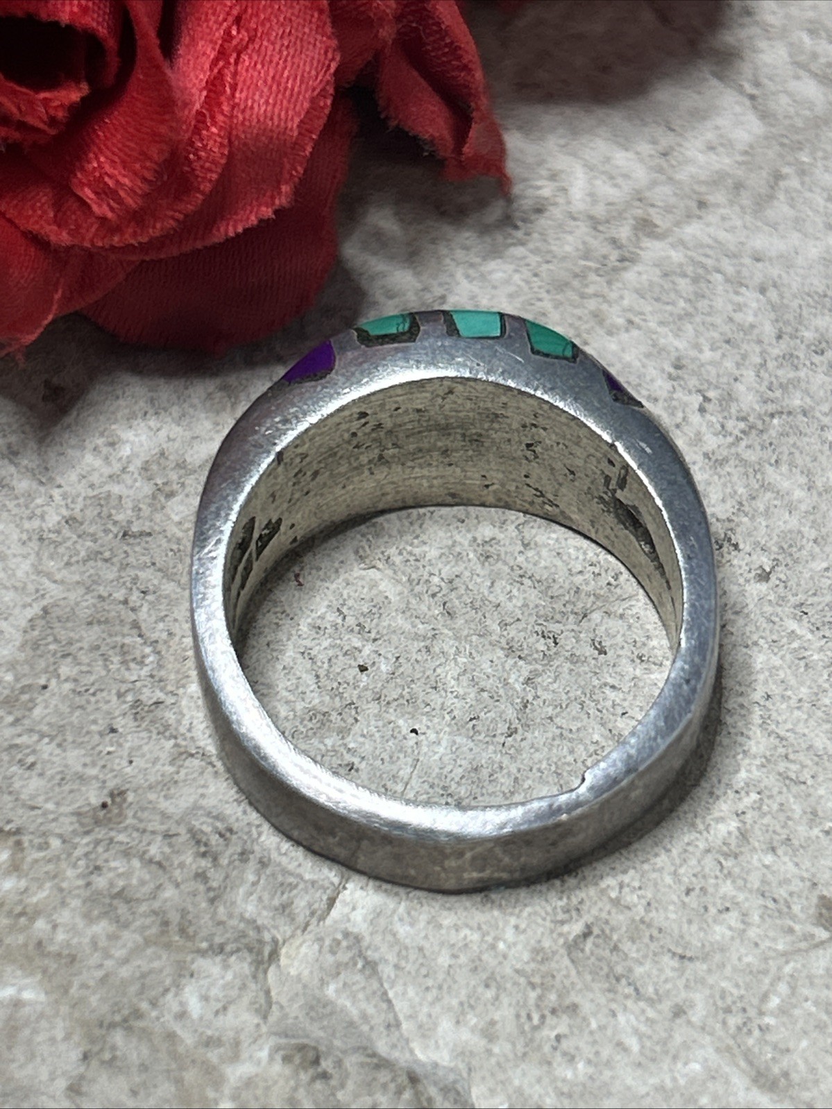 50. Vintage TAXCO Sterling 925 Green Purple Stone Inlay Ring 8.25s, 10.8g, Mex