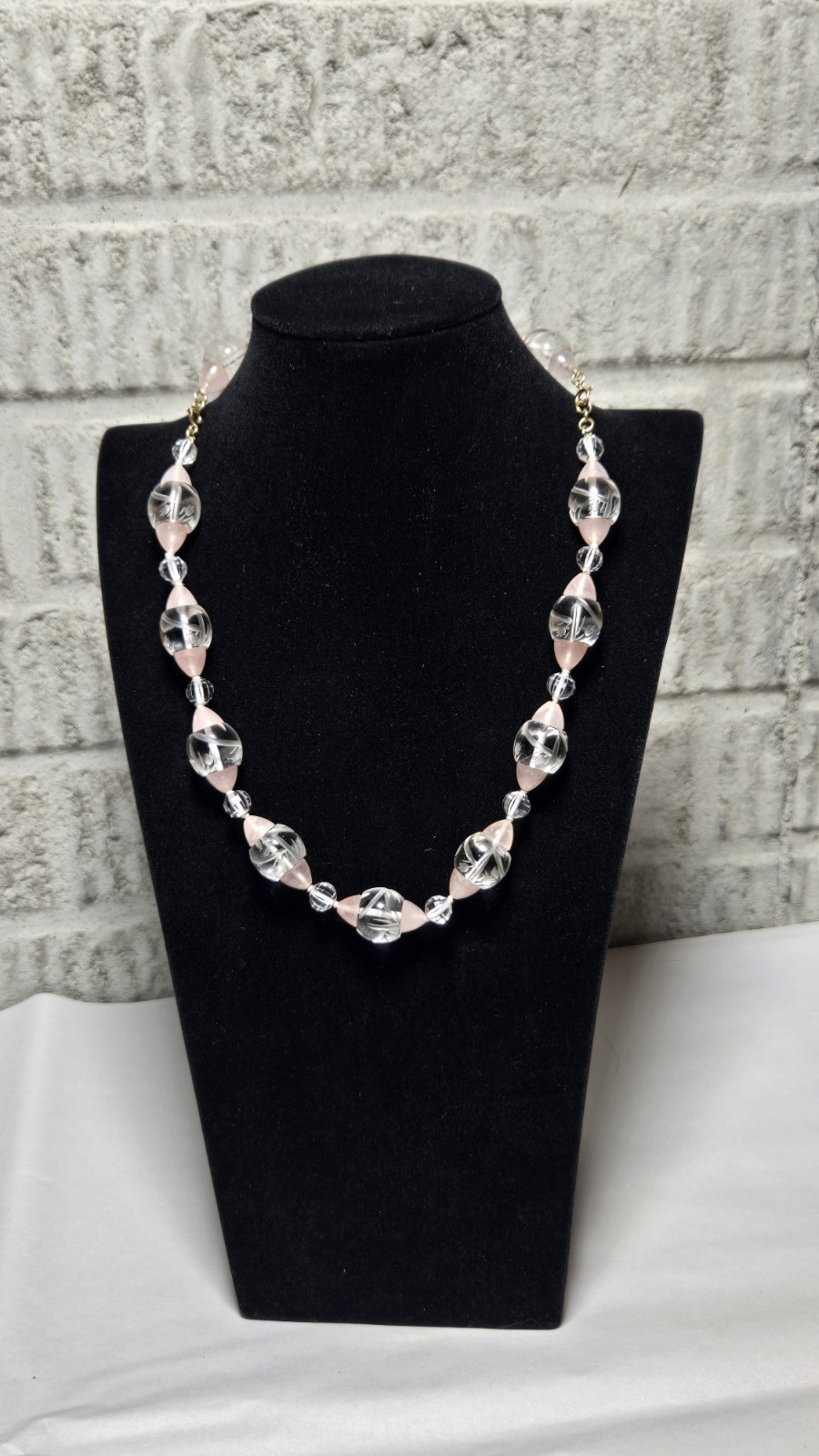 Rare Vintage Necklace Carved Rock Crystal & Pink Quartz 14K Floral Tulip Etched