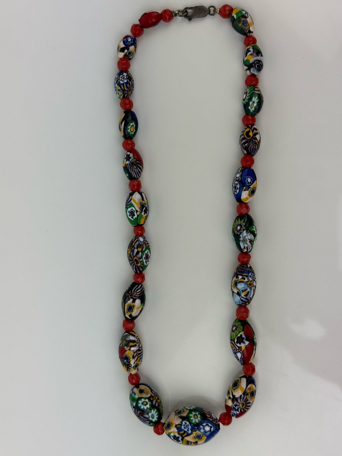 Venetian Millefiori Glass Graduated Bead Necklace Multicolor Oval Beaded 19” VTG