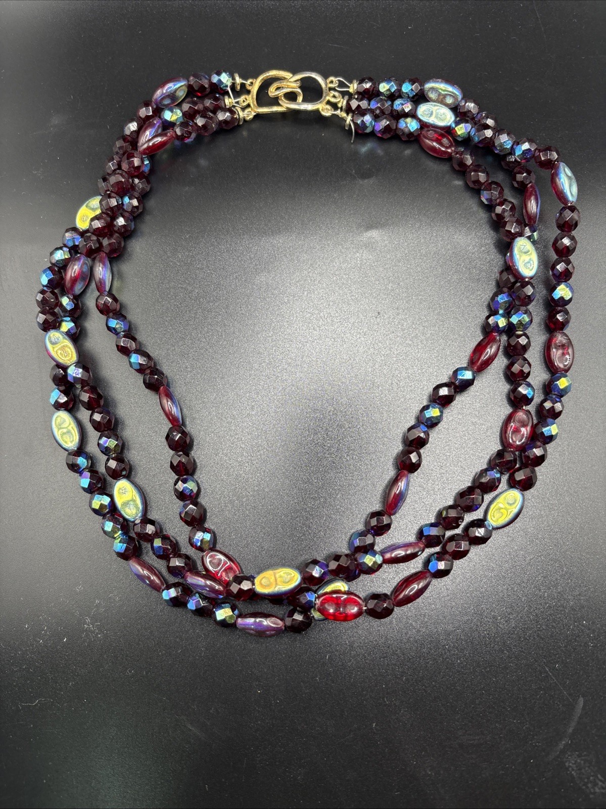 Vintage Red Glass Beaded Necklace multi strand Iridescent Statement Molded 20”