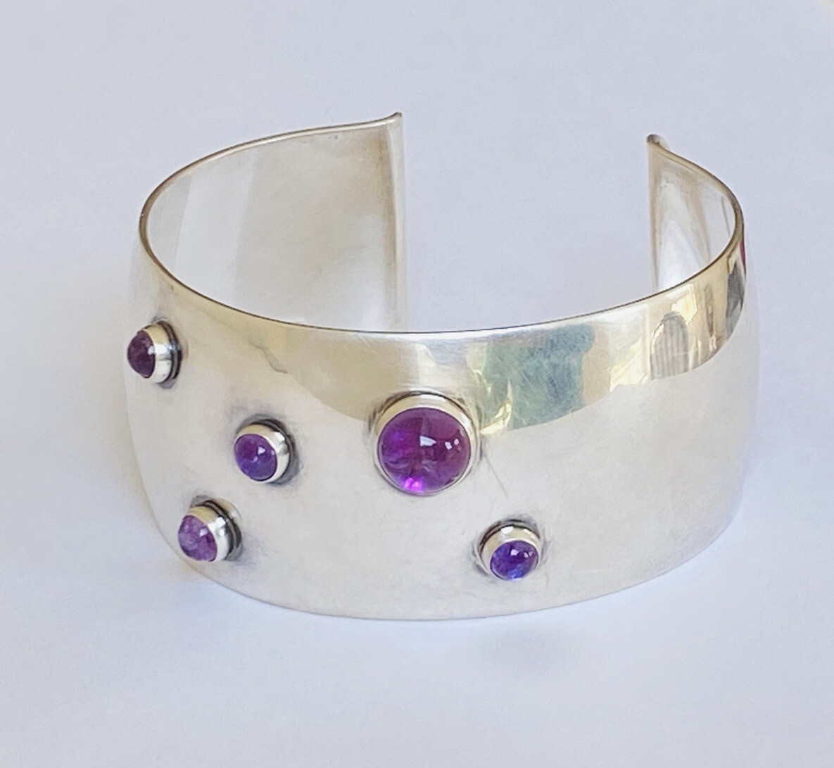 Heavy Vintage N E FROM Denmark Sterling Silver Amethyst Modernist Cuff Bracelet