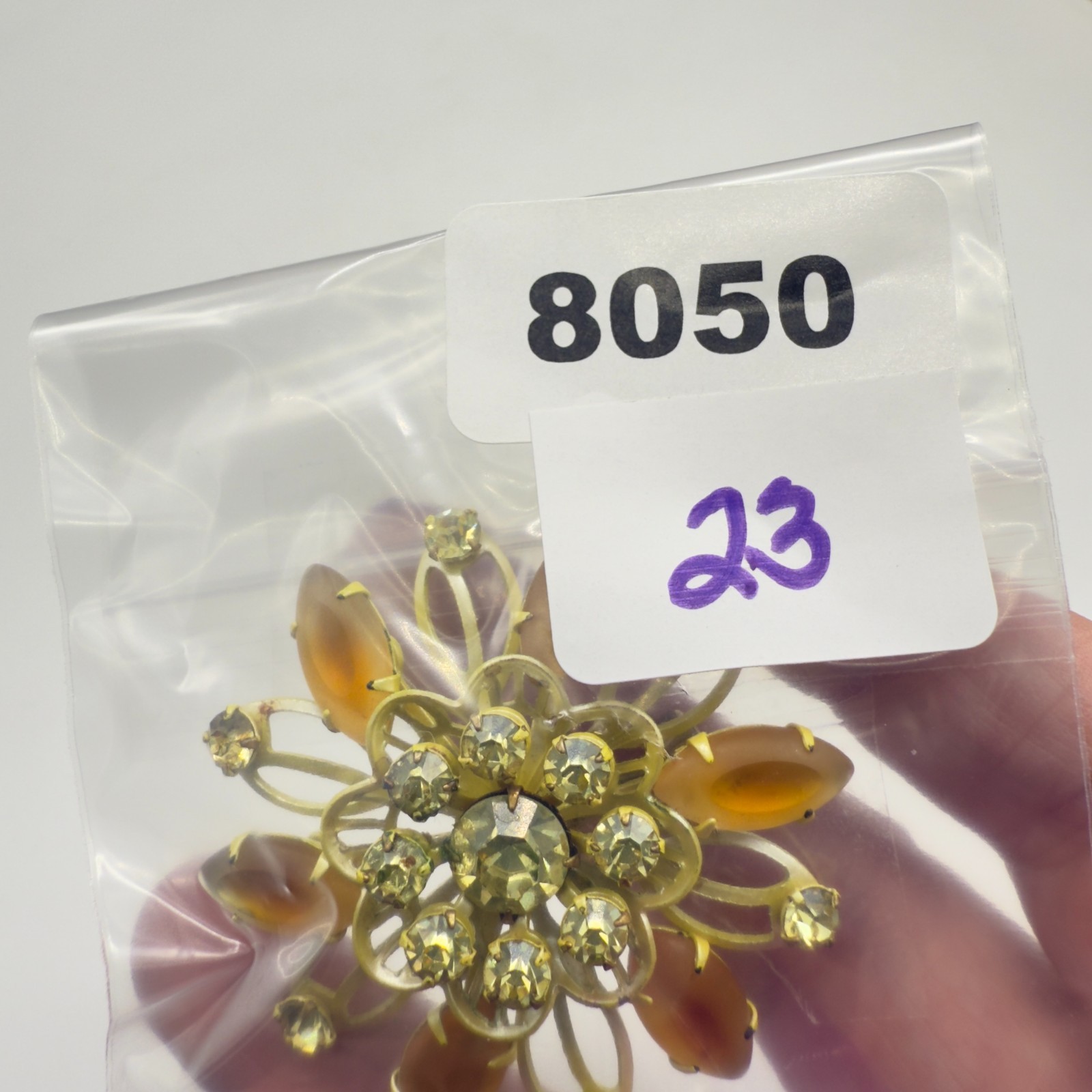 Vintage Enamel Brooch Yellow Flower Pin Dichroic Marquise Petals Rhinestones