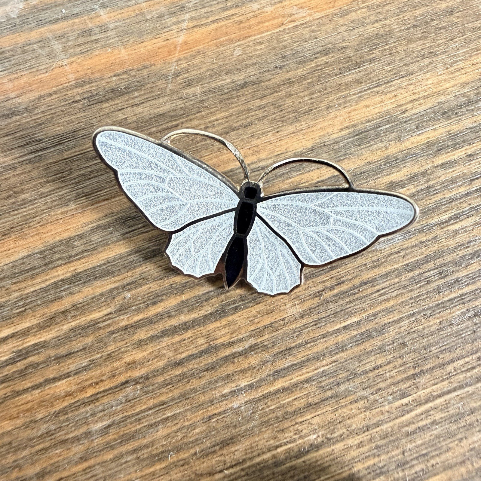 Vintage Mid Century White Black Guilloche Enamel Gold Tone Butterfly Pin Brooch