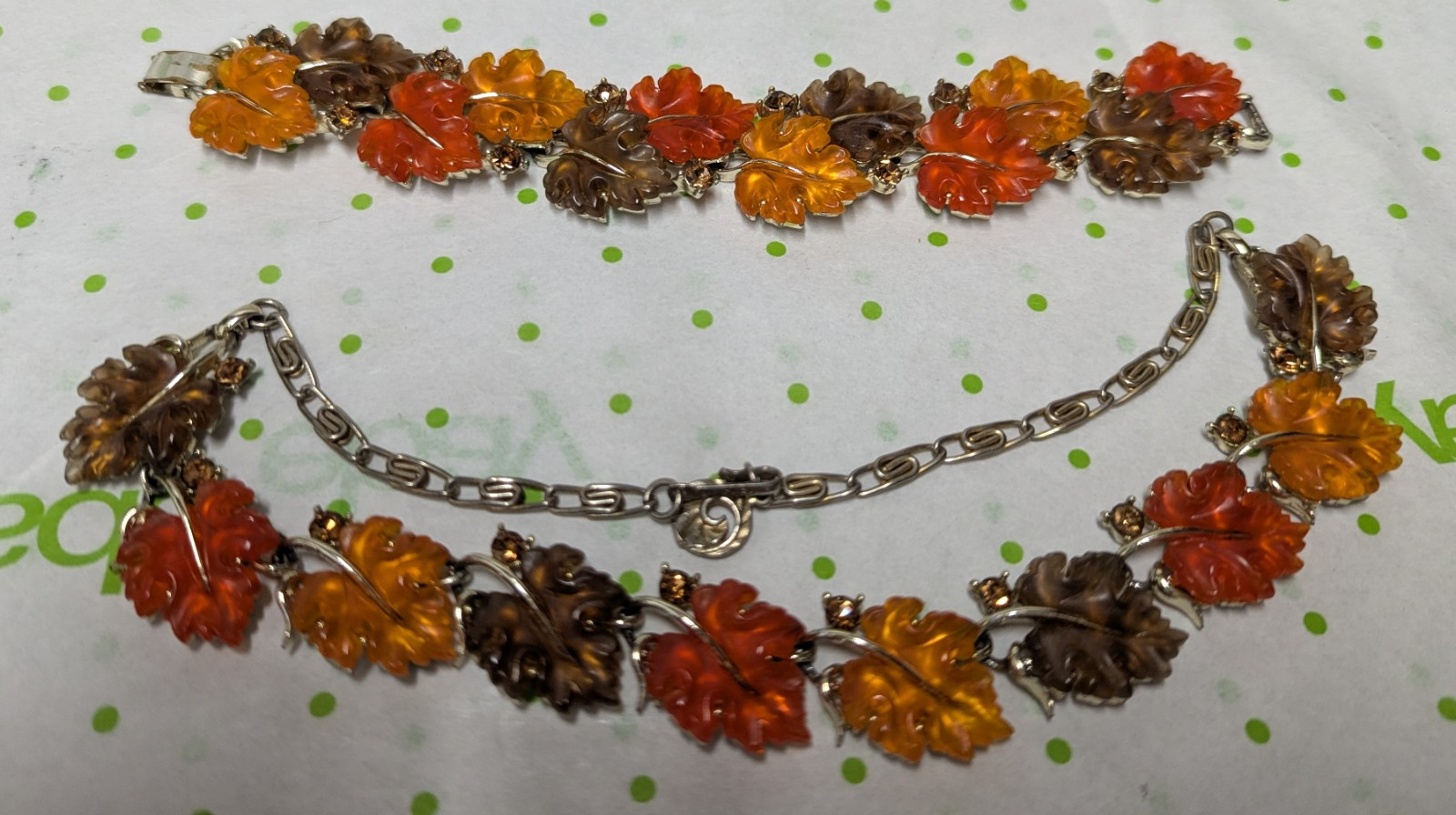 Lisner Leaf Lucite Bracelet and Necklace Goldtone Fall Colors