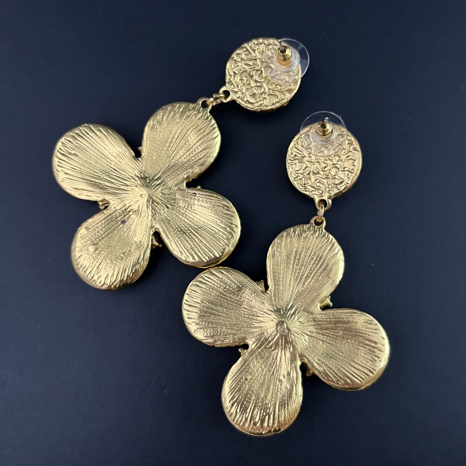 Gripoix Style Maltese Cross Earrings Green Glass Cabochon Gold Pierced Dangle
