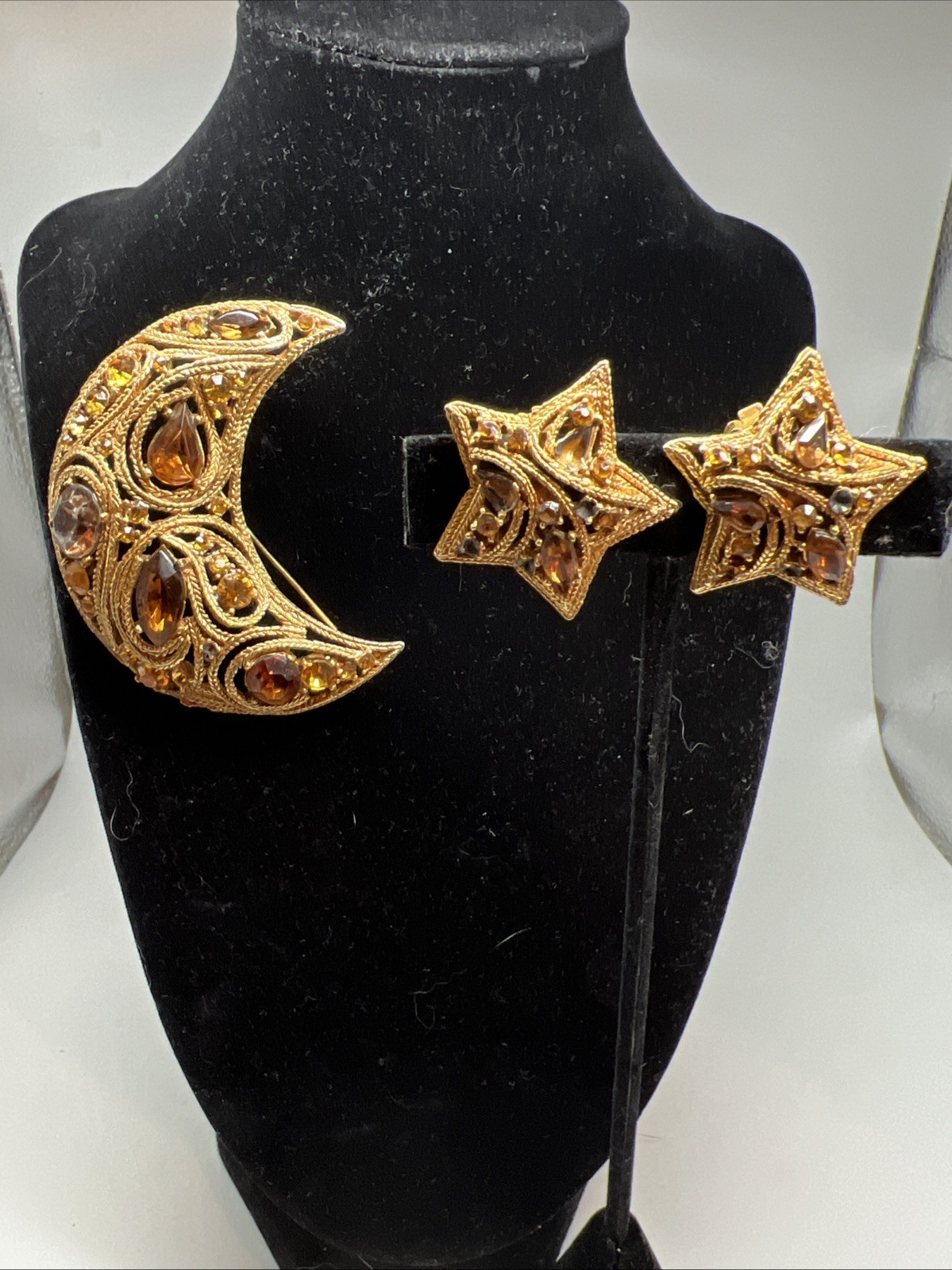 Vtg La Roco Paisley Crescent Half Moon Brooch & Star Earrings Witchy Dark Amber