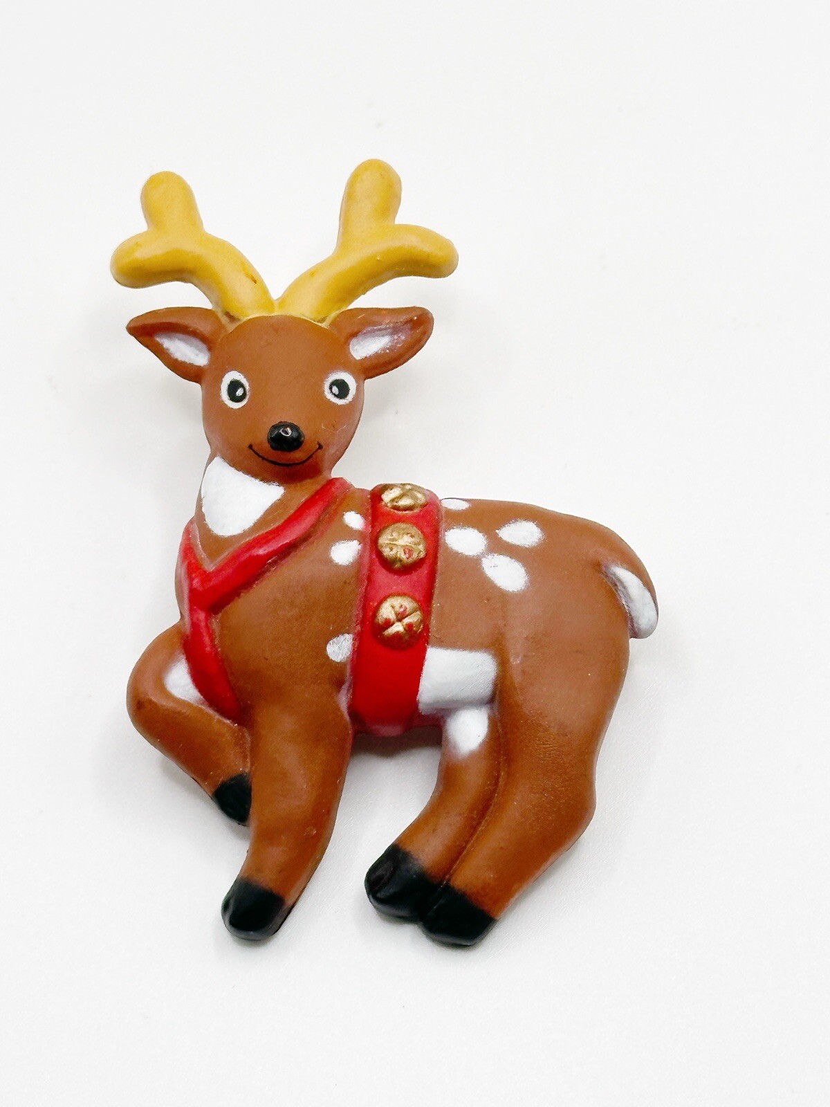 Vintage Christmas Holiday S Lehman Fun World Happy REINDEER Brooch Pin 2.5″