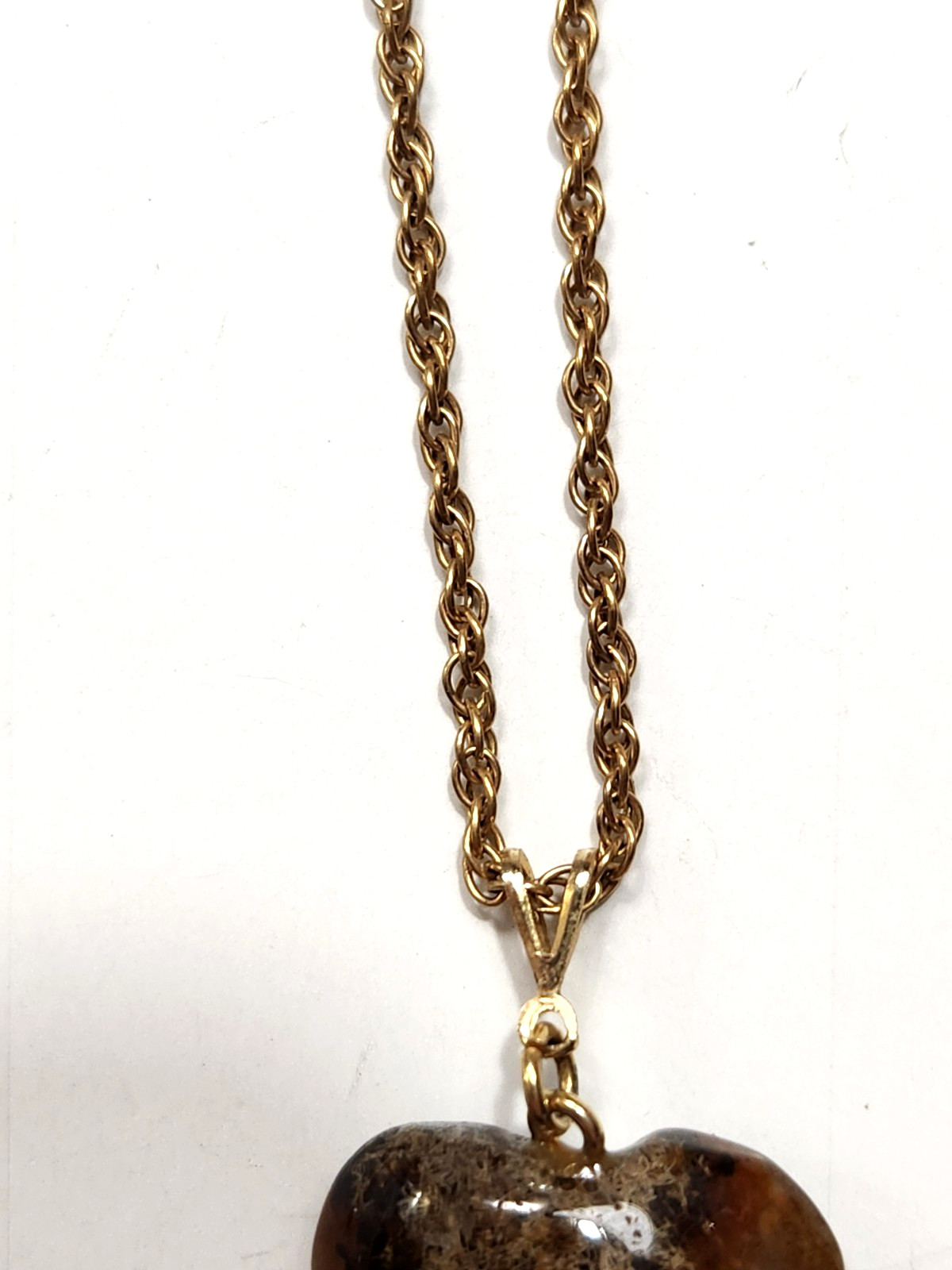 Vtg Dendritic Agate Heart Pendant Necklace Goldtone Rope Chain Earthtones Retro