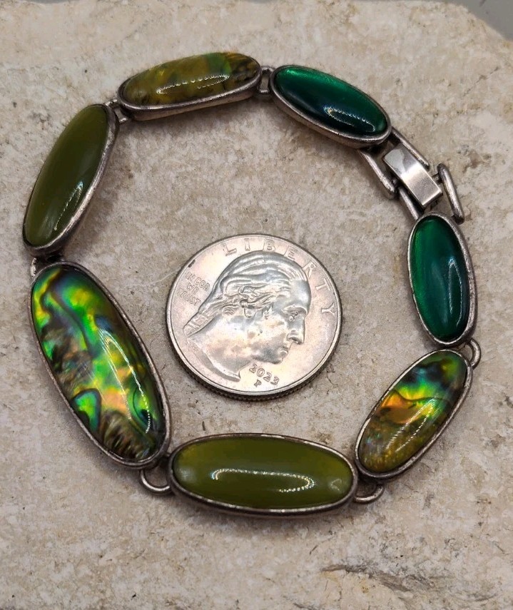 Vintage Silver Plated Abalone Shell Stone Bracelet 7″