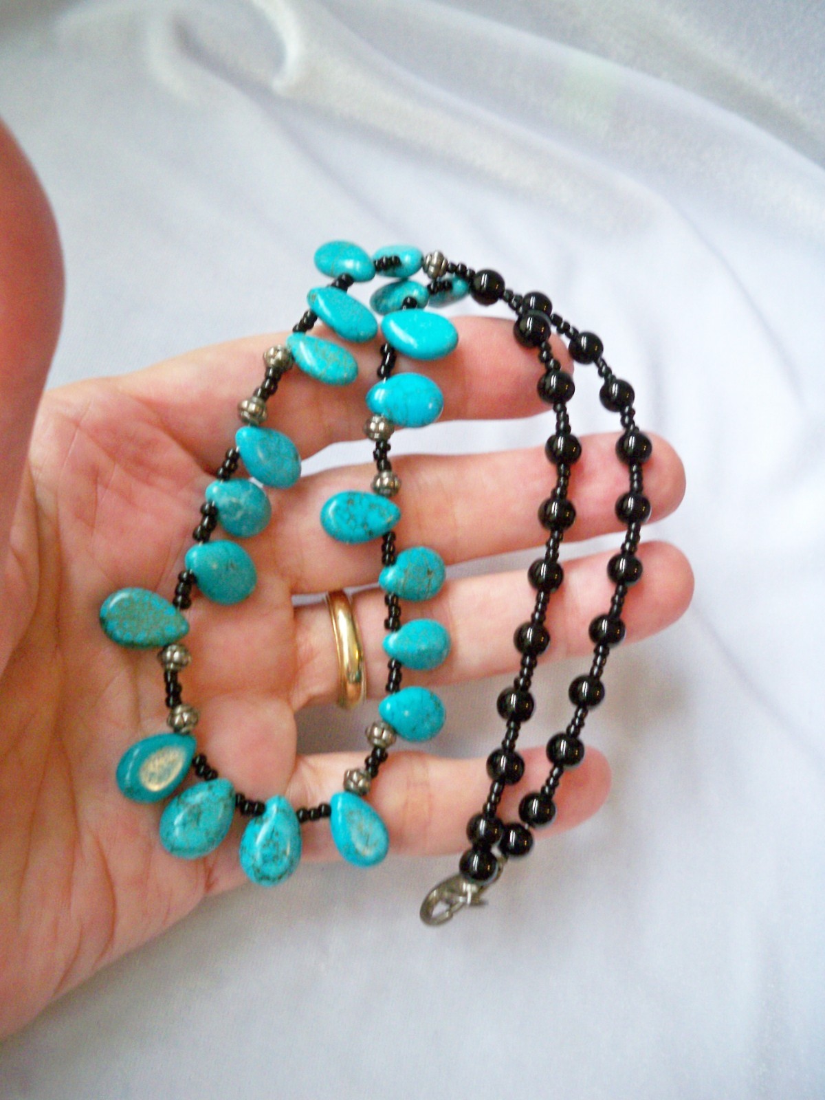 Vintage Black Glass & Turquoise Teardrop Fringe Beaded Bib Necklace
