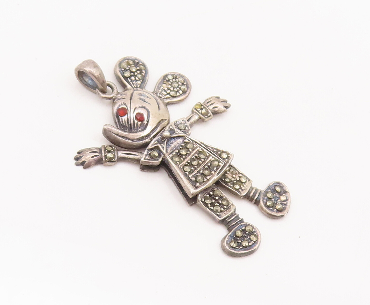925 Sterling Silver Vintage Pendant Carved Movable Marcasite Micky Mouse PT22743