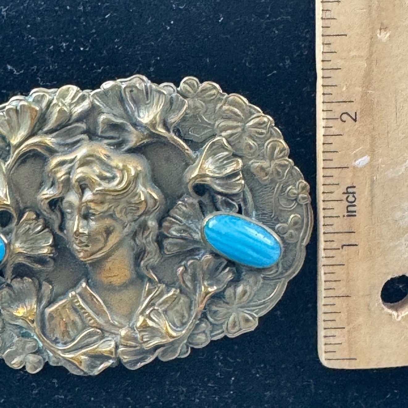 VTG Art Nouveau Revival Repousse Maiden Sash Pin Brooch Ginkgo Faux Turquoise