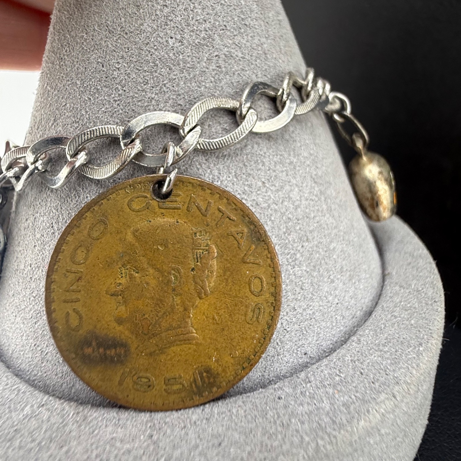 Vintage Travel Coin Charm Bracelet Europe Mexico Some 800 Silver 6.5”