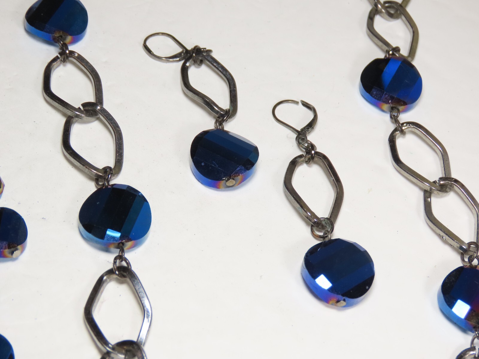 Vintage Blue Beaded Glass Faceted Crystal Necklaces Earrings Set Pierced C4802