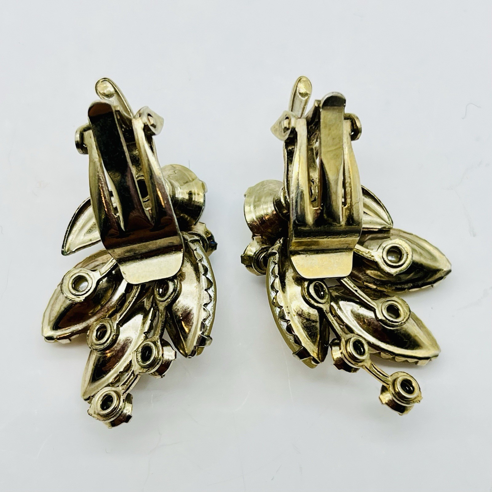 Vintage AB Rhinestone Earrings Faux Pearl Clip Ons Gold Tone Floral Cluster