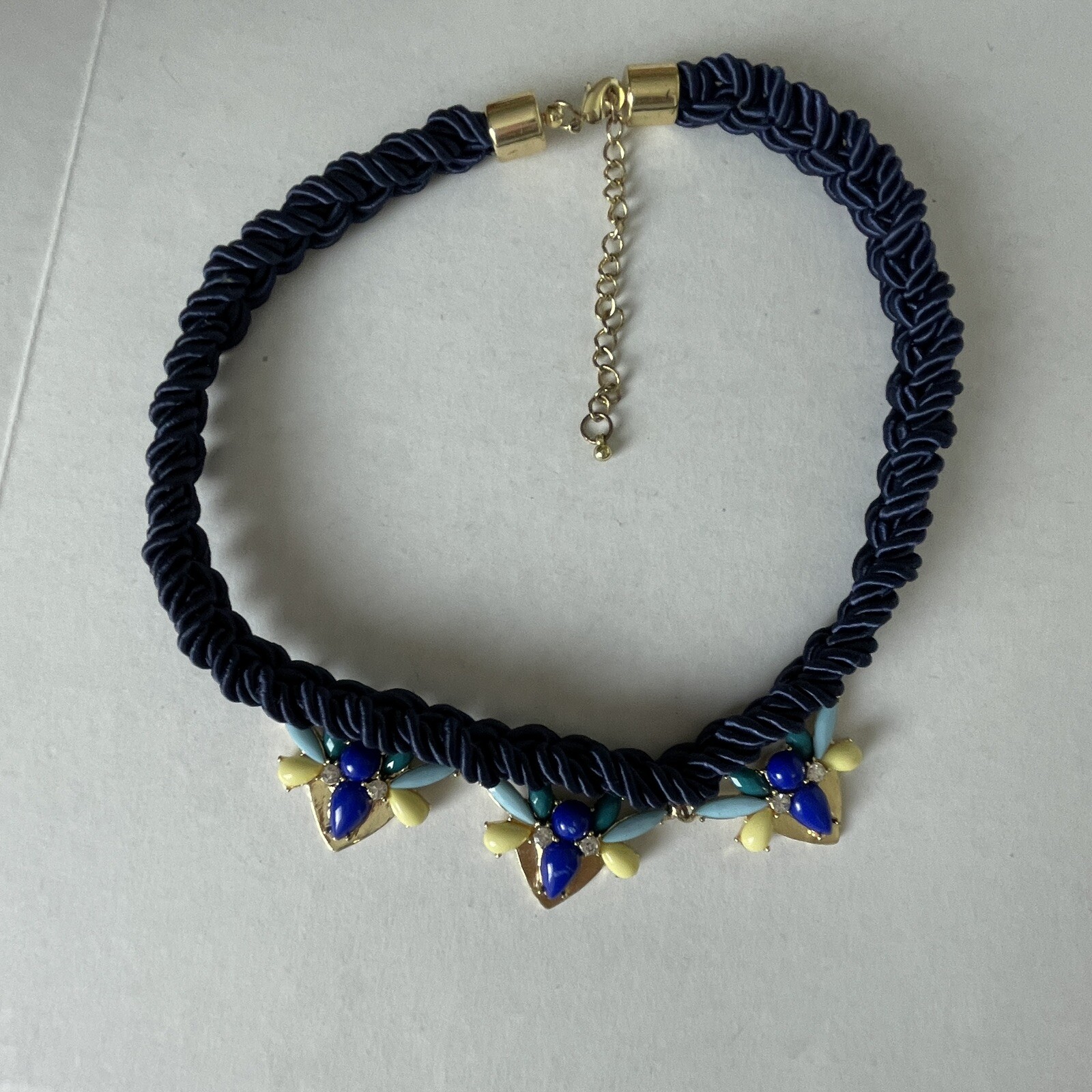 Bee Blue Necklace BRAIDED KNOTTED ROPE 18″ Blue Rhinestone Charm Jewel Bug