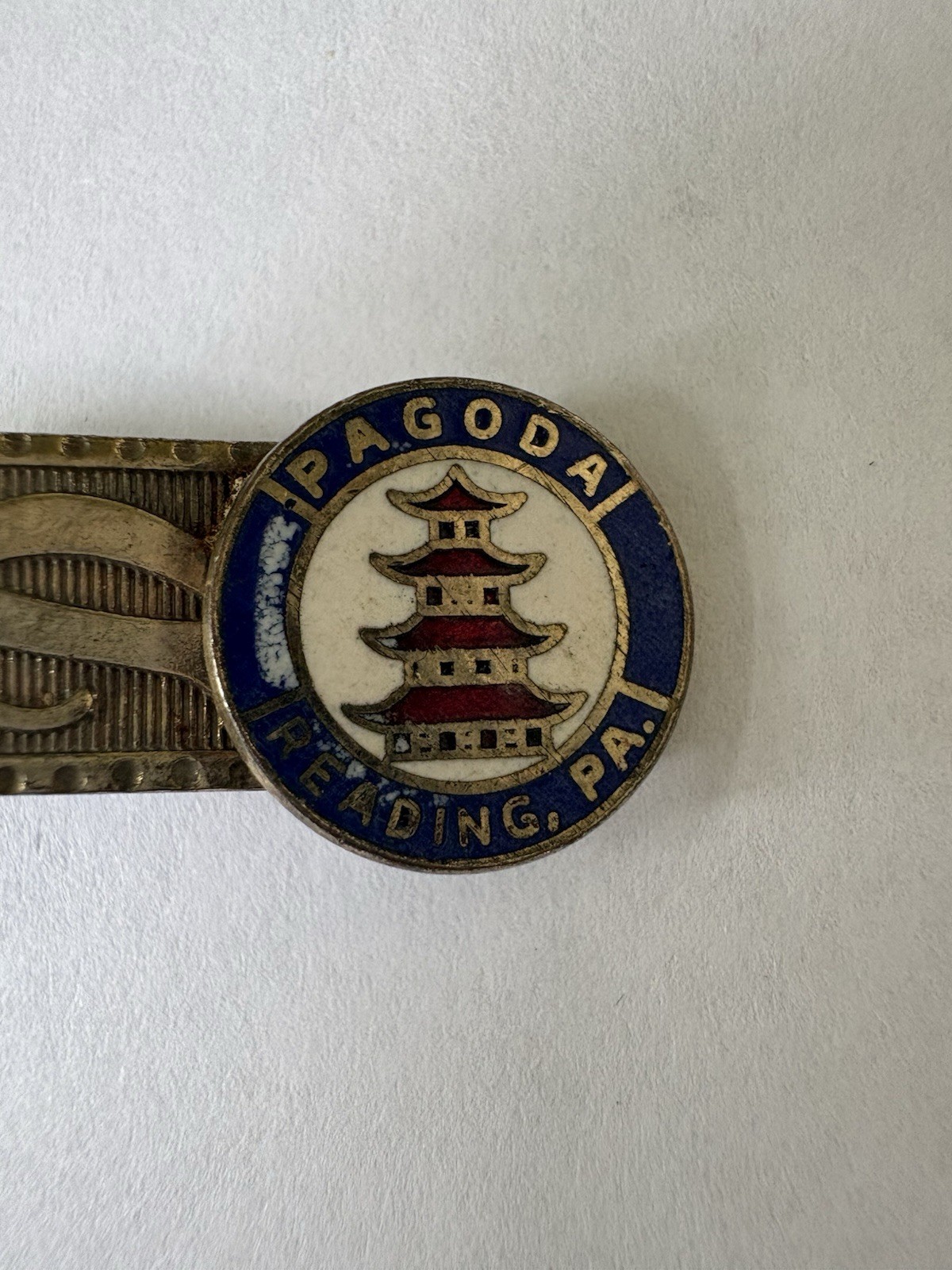 Vintage Pagoda Reading PA Enamel Tie Bar/Clip Silver Blue Round Signed 2.25in