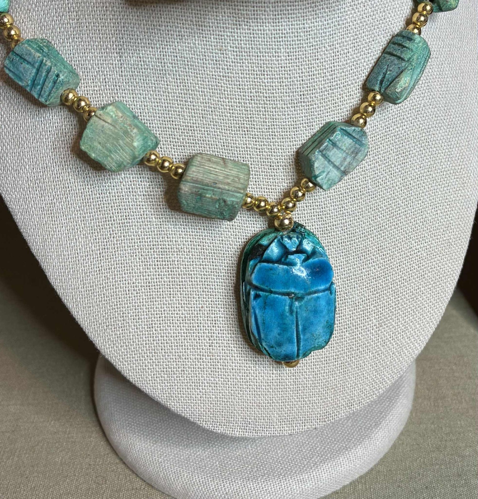 2 Vintage Egyptian Revival Scarab Necklaces Carved Soap Stone Or Ceramic Or Wood