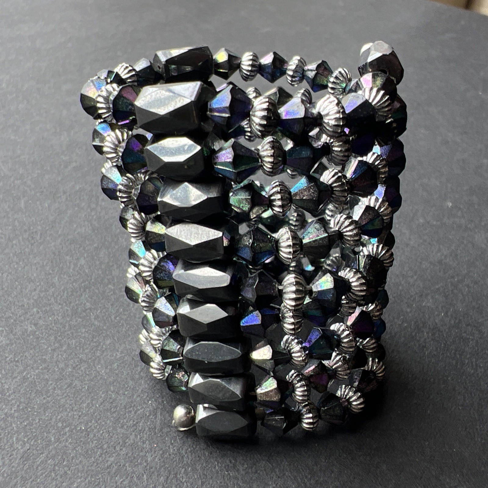 Iridescent Magnetite Wrap Bracelet Purple Blue Silver Tone Vintage Adjustable
