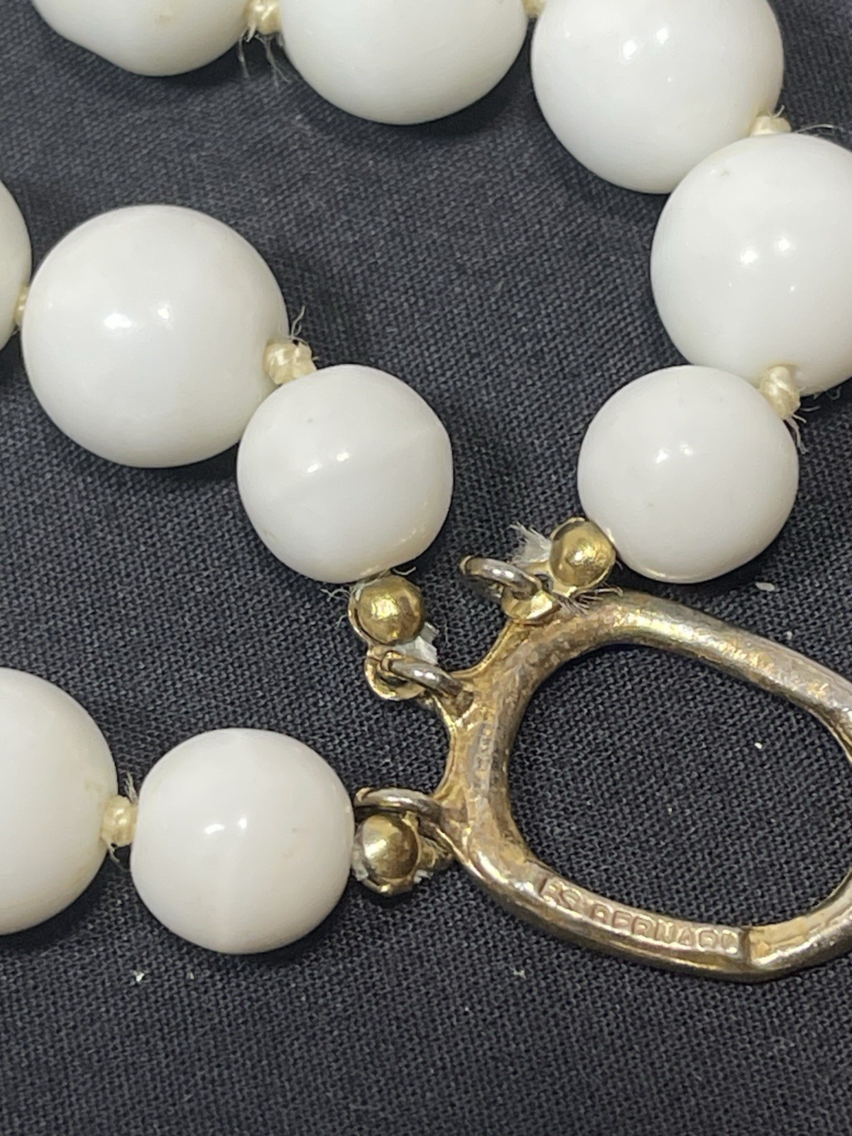 Vintage Les Bernard 3 Strand Hand Knot White Milk Glass Beaded Choker Necklace