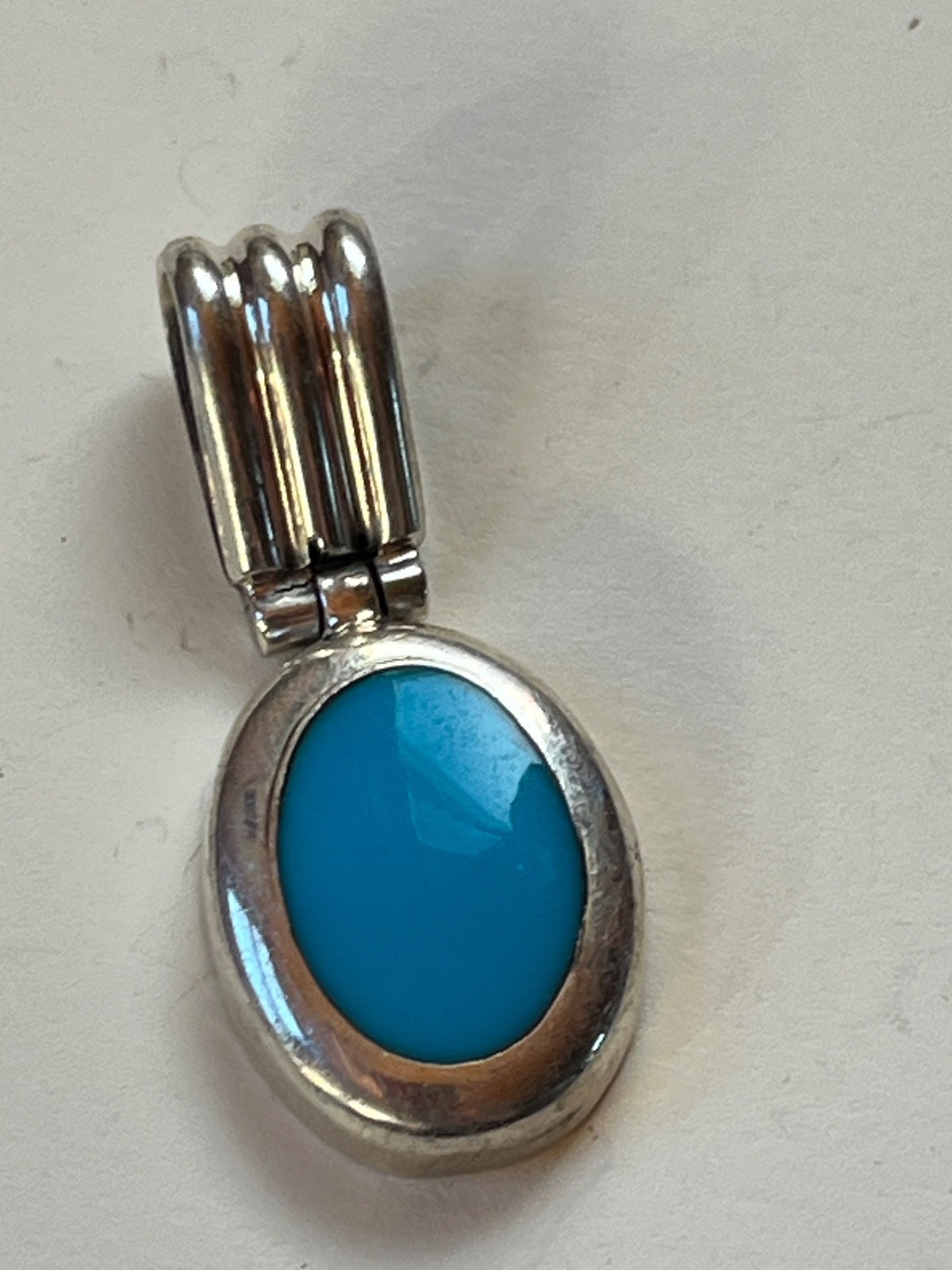 Turquoise Enamel in Oval Mexico 925 Silver Frame Pendant – about 1 and 3/8th’s x