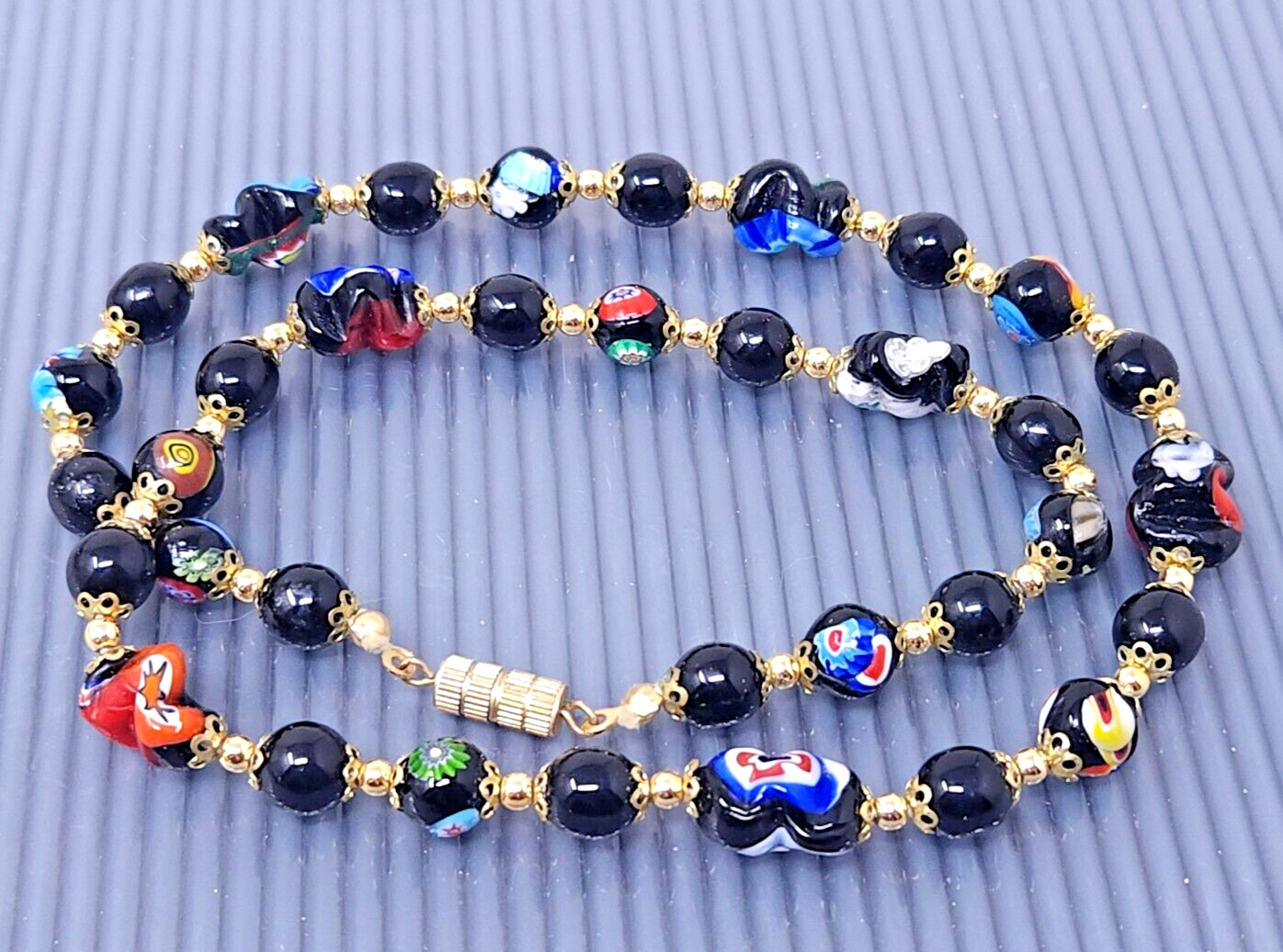 Vintage Venetian Glass Black Multicolor Beaded Gold tone Necklace 19″
