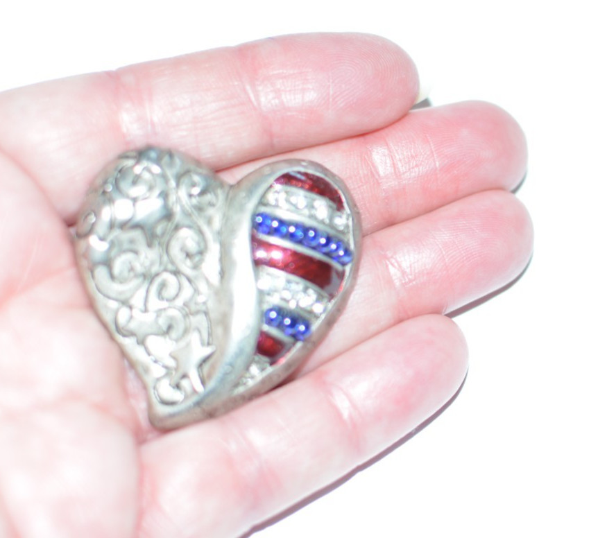 Signed Chico’s patriotic silver tone red white and blue heart brooch