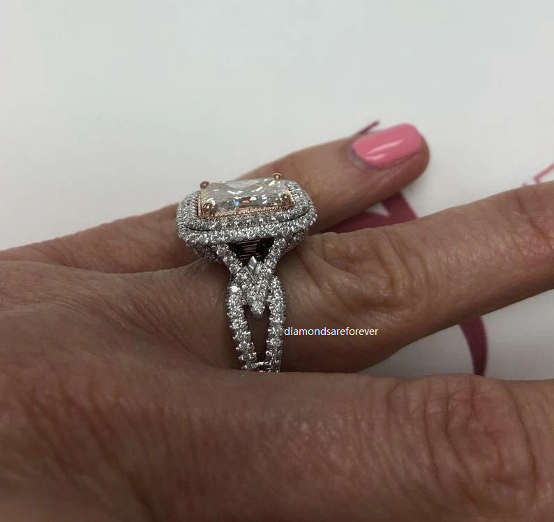 14K White Gold Finish Halo Ring 5Ct Princess Cut Champagne Moissanite Diamond