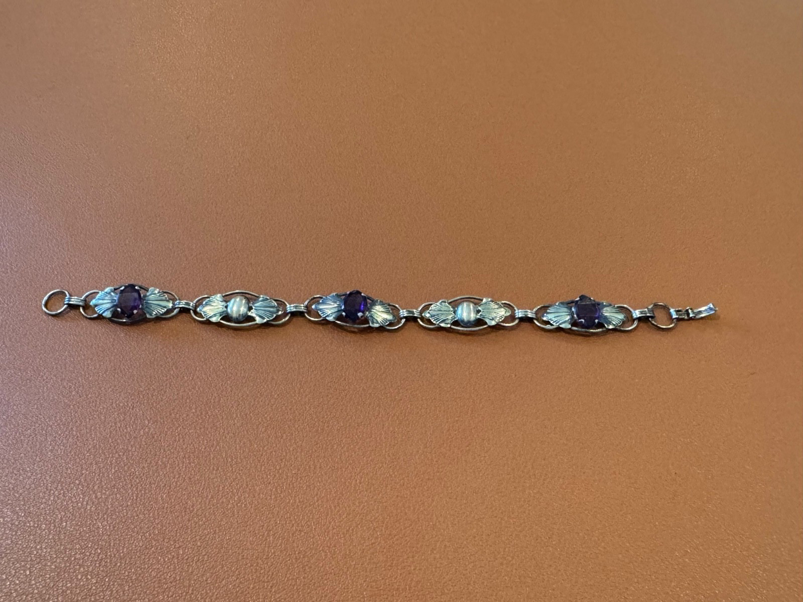 Vtg Antique Gold on Sterling Silver Bracelet w/ Faceted Purple Glass or Stones