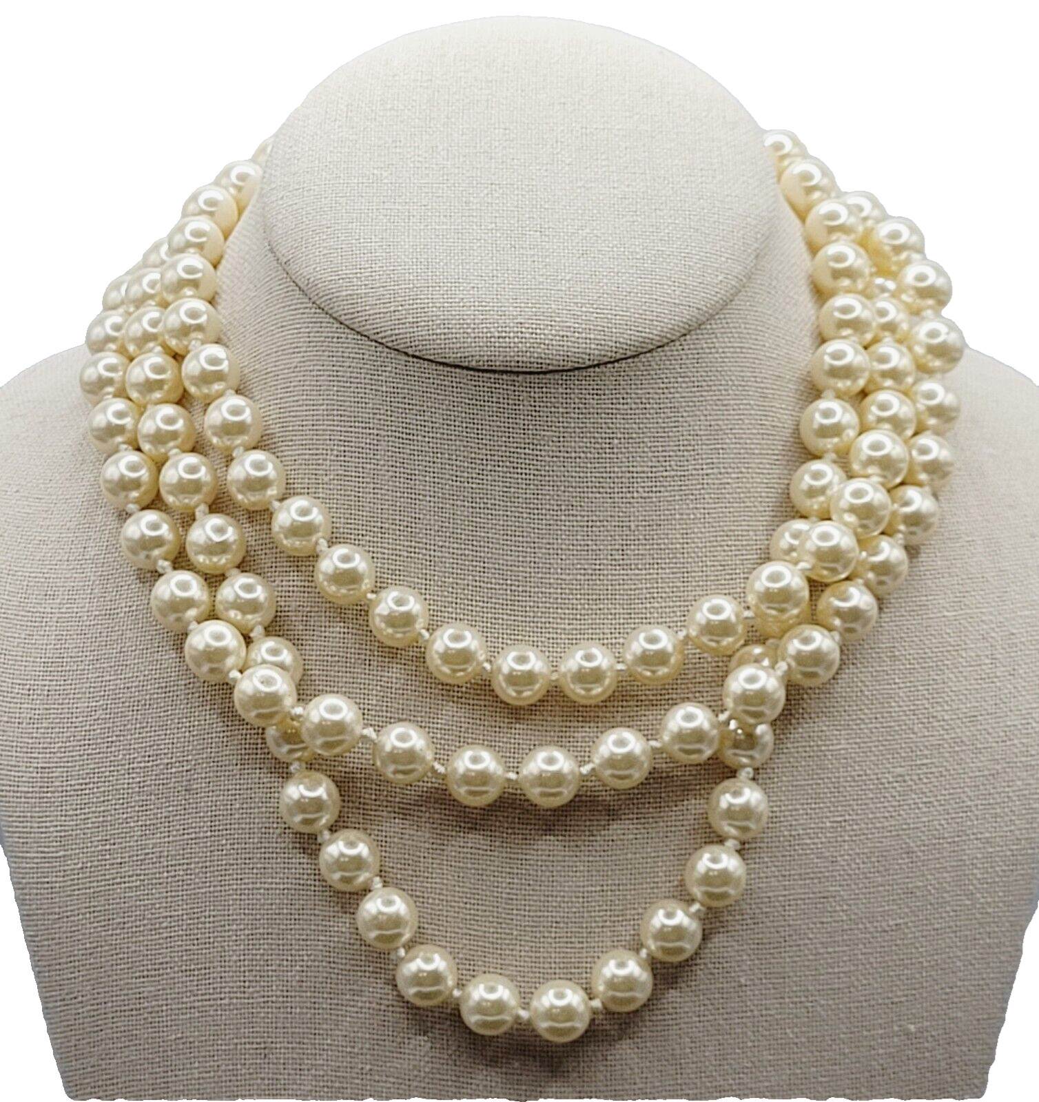 Triple Strand Off White Faux Pearl Knotted Necklace with Gold Tone Clasp 15 Inch