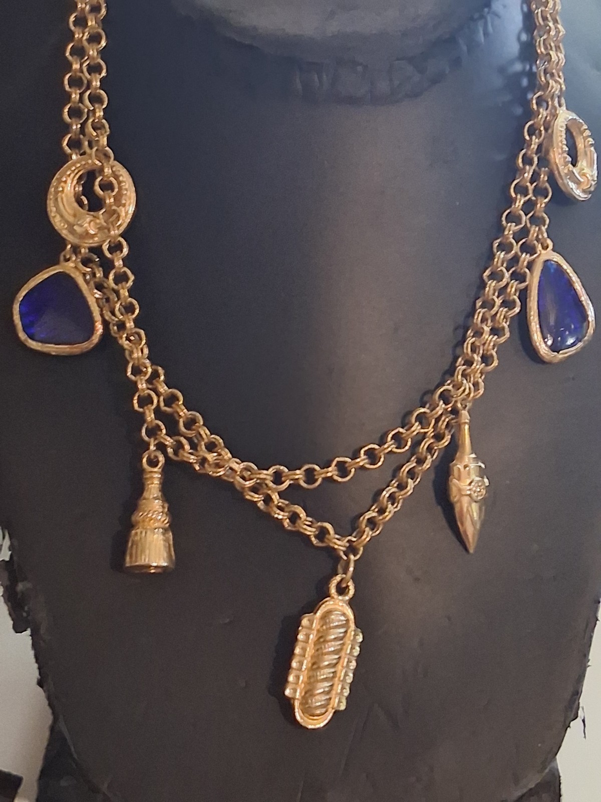 Cobalt blue poured glass dangle drop charm double strand necklace, vintage, 24″
