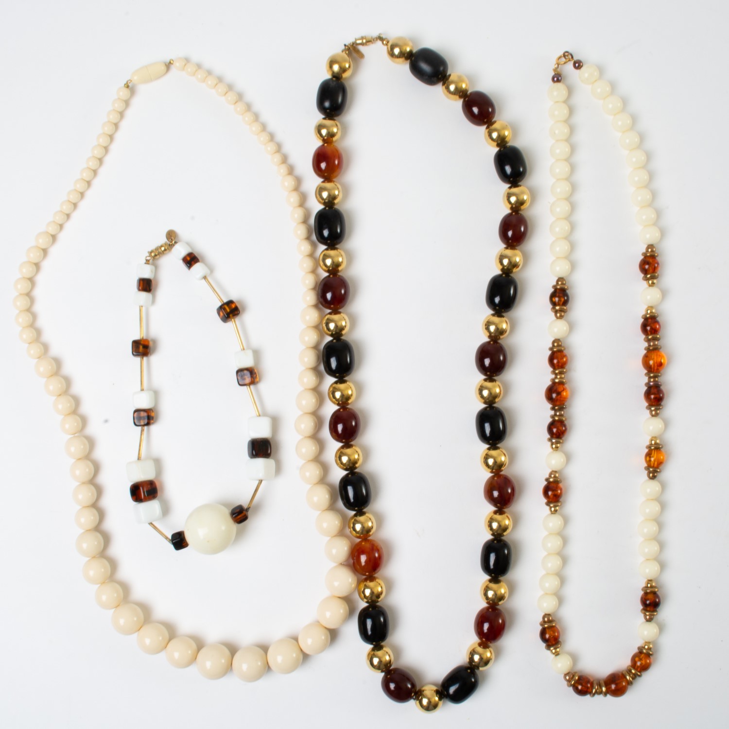 Lot of 4 Vintage Designer Costume Jewelry Beaded Necklaces White, Brown, Gold