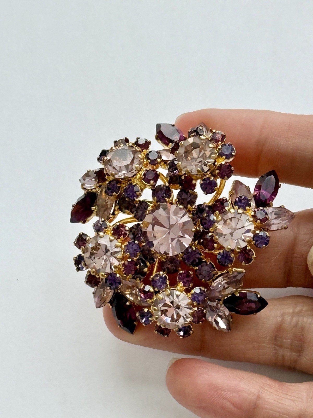 Vintage Signed Austria Gold Tone Flower Purple & Rhinestones Stardust Brooch