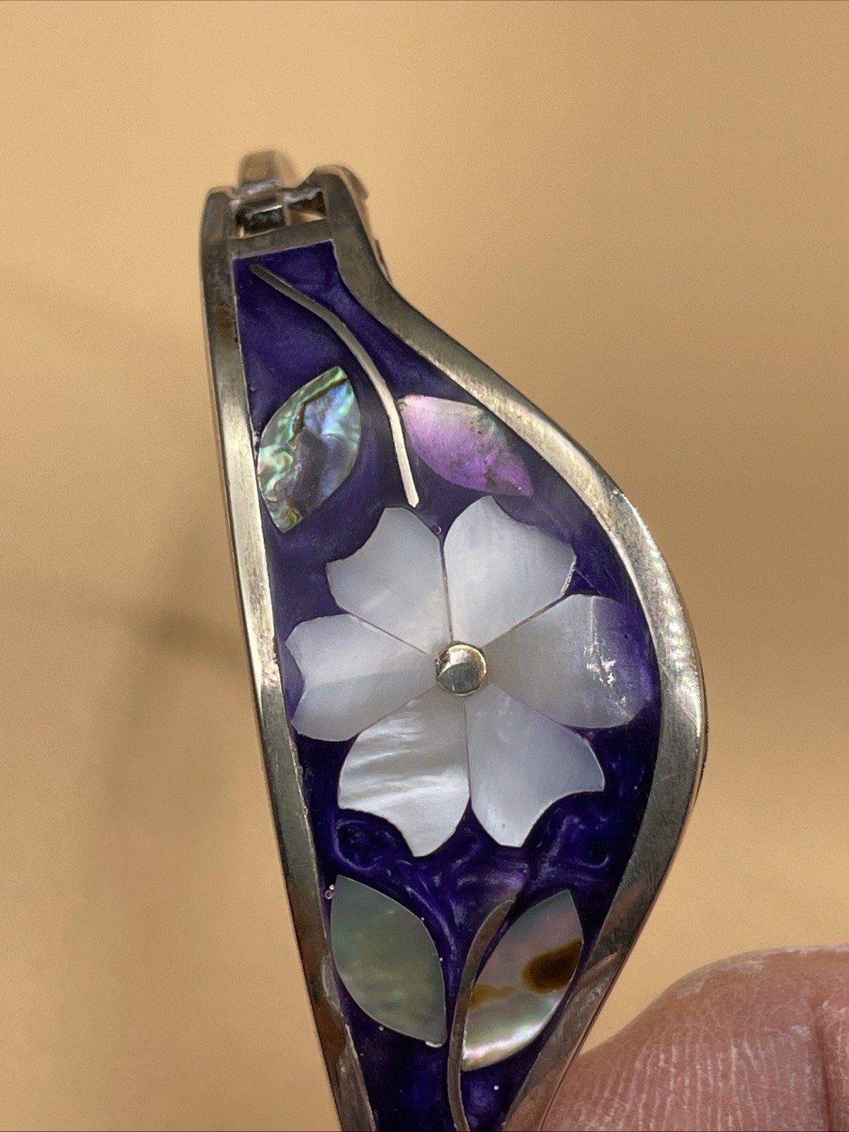Alpaca Mexico Purple Blue Abalone Flower Inlay Hook Cuff Bracelet Silver Tone