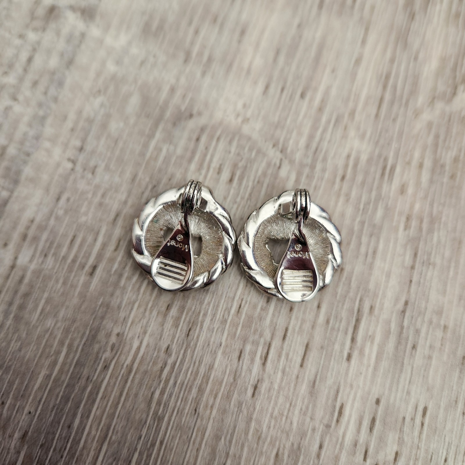 Vintage Monet Silver Tone Knotted Rope Clip-on Earrings Round Wreath