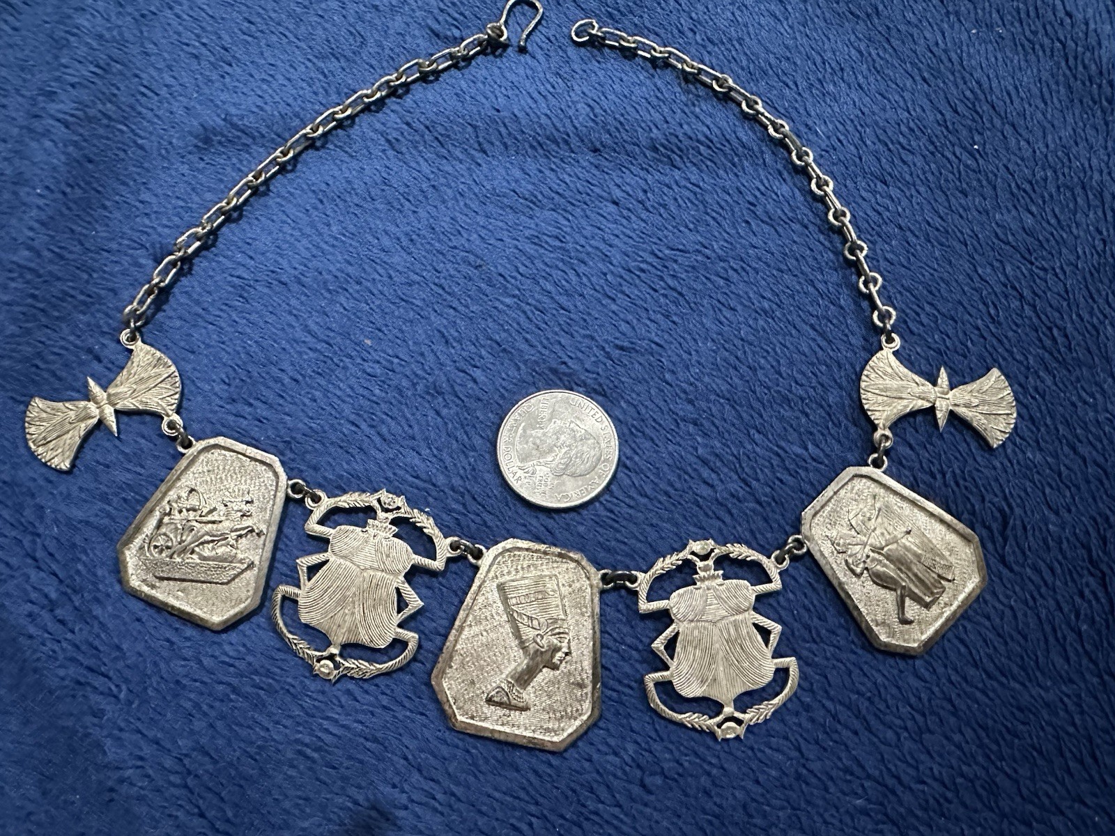 Vintage 900 Silver Egyptian Revival Panel Choker Necklace, 16.5in Long