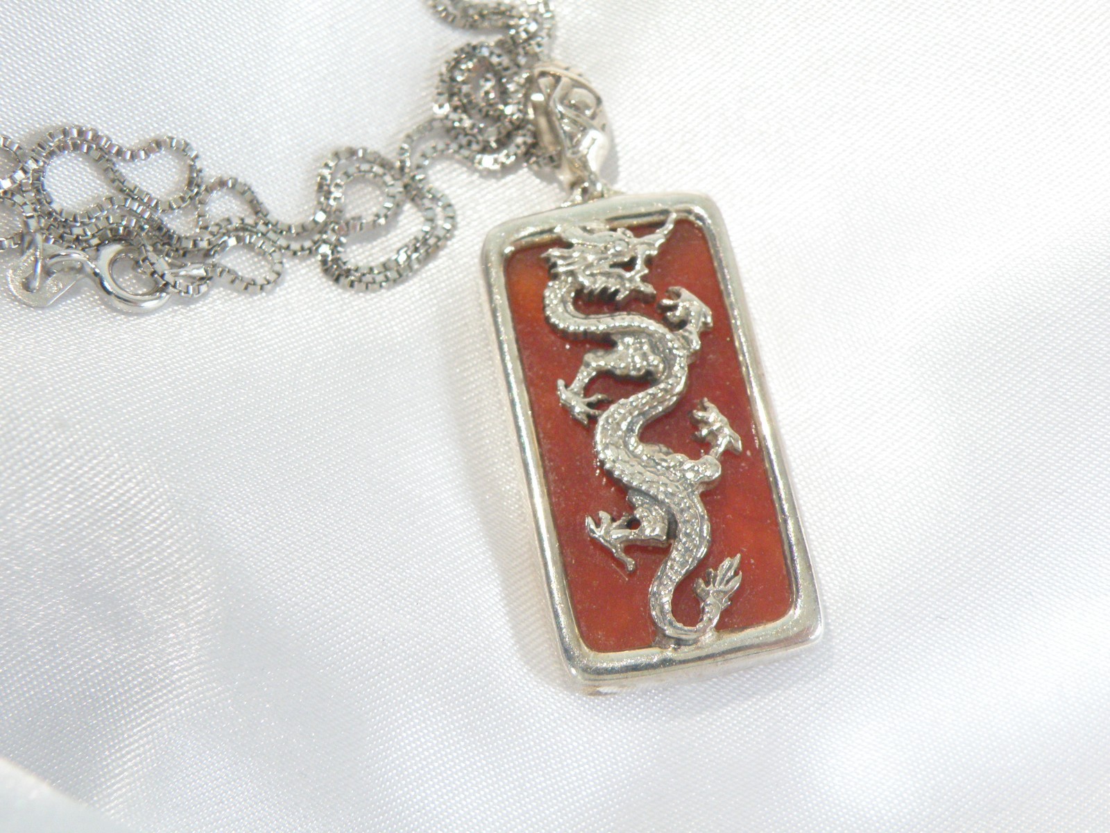 Vintage Sterling Silver 925 Red Jade Asian Dragon Pendant Necklace