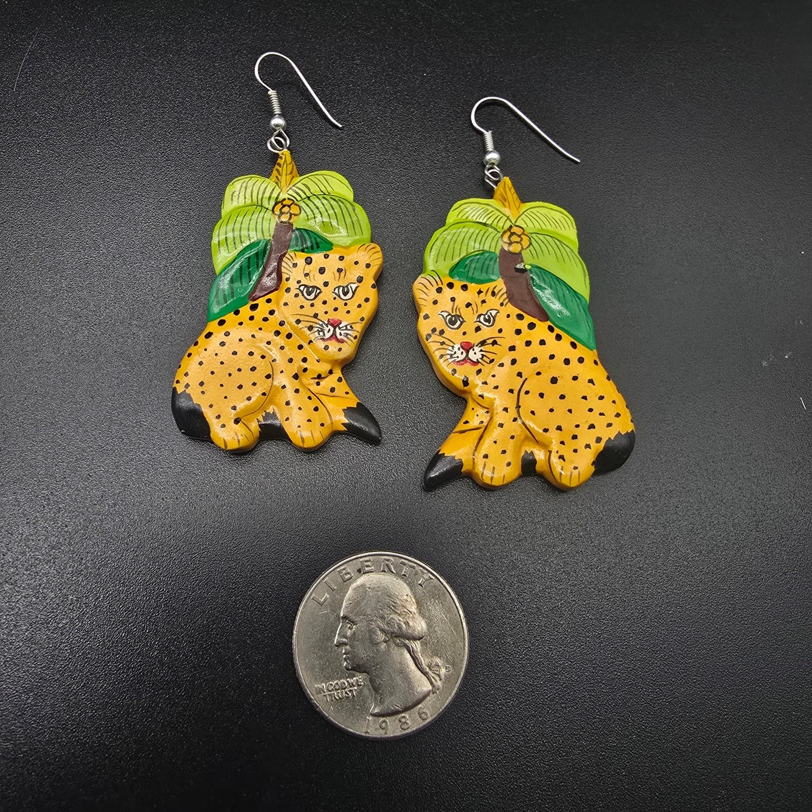 Hand Painted Wood Leopard Cheetah Earrings Safari Vintage 1980s