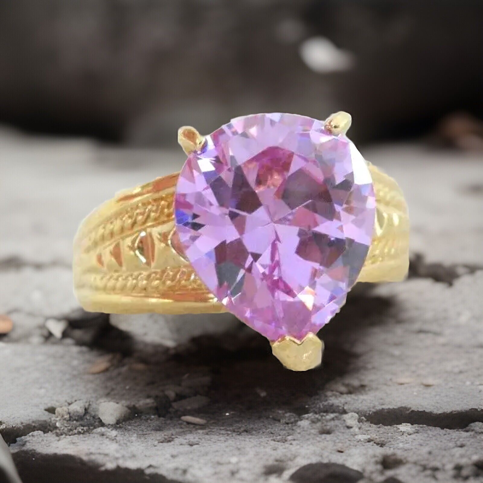 Vintage Sterling Silver 925 Gold on Pink Purple CZ Large Ring Size 10