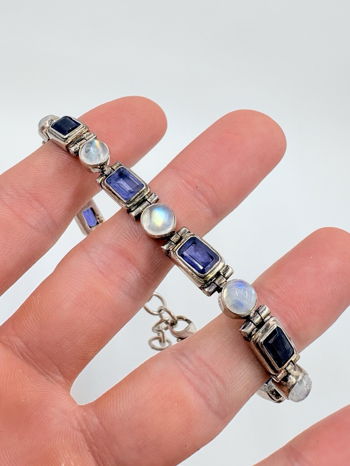 Vintage Iolite & Moonstone Bracelet Sterling Silver Adjustable Length 21.1 Grams
