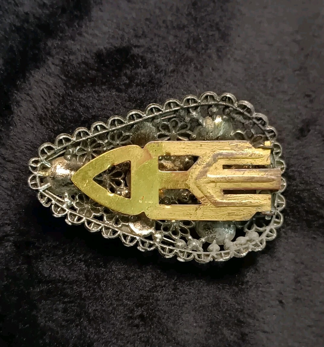 Vintage Filigree Dress Clip Signed NE (New England Glass Works) Multicolor Glass