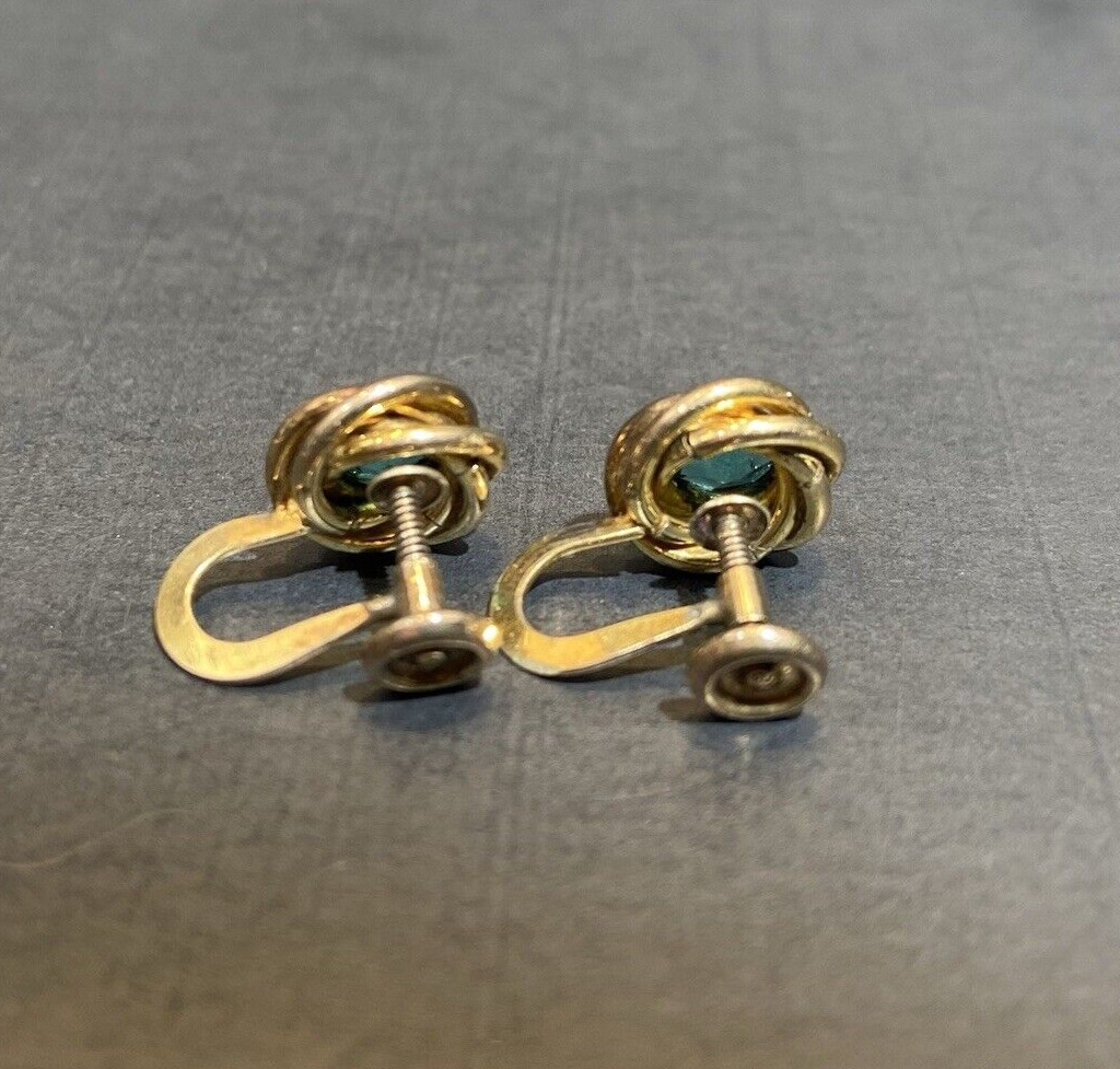 VTG AMCO Gold Filled 1-20 Sterling Silver Knot Earrings Green Glass Screw Back
